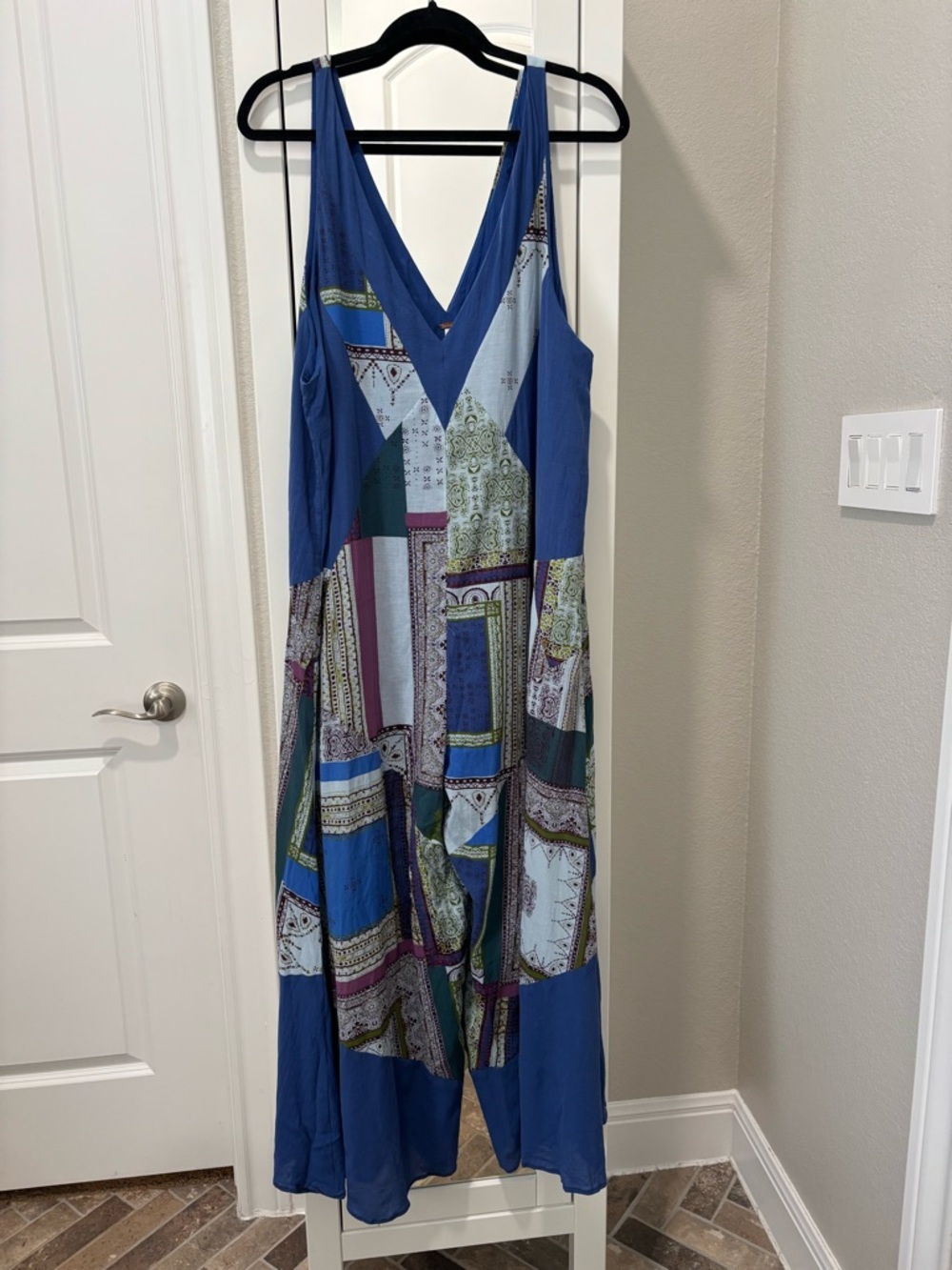 Free People Blue Patchwork V-Neck Jumpsuit with Multicolor Panels
